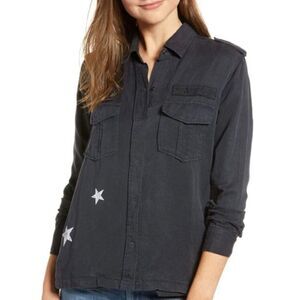 Rails Charcoal Kato Button Down Military Shirt Star Print Linen Blend Size Med